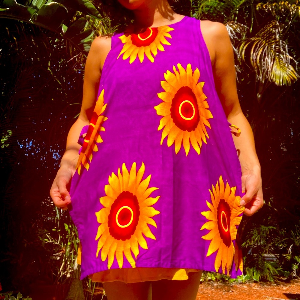 Purple side tie apron dress with sunflowers